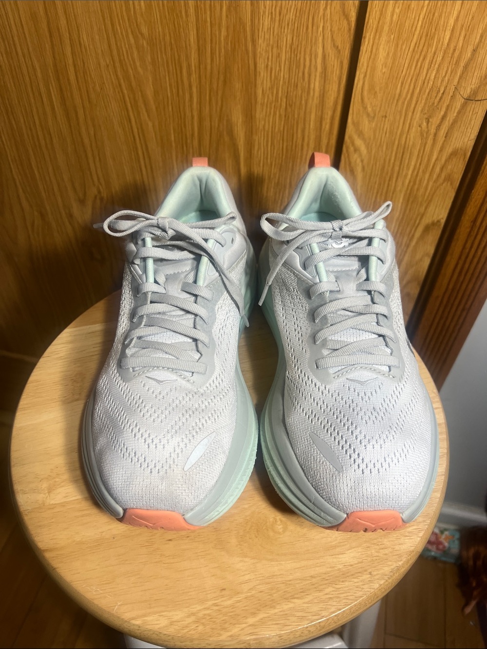 Hoka Women's Running Sneakers in Light Gray, Mint & Coral Accents
